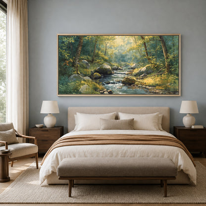 Sunlit Forest Stream Canvas Wall Art Nature Landscape Painting