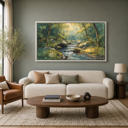 Sunlit Forest Stream Canvas Wall Art Nature Landscape Painting