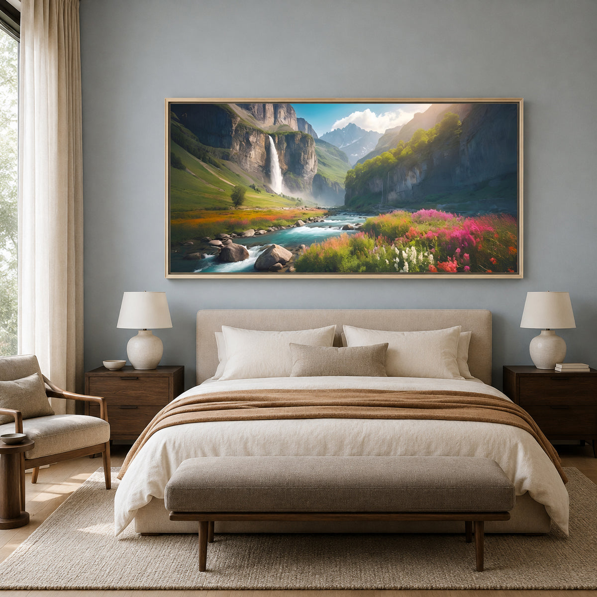 Mountain Waterfall Valley Canvas Wall Art Nature Landscape Decor