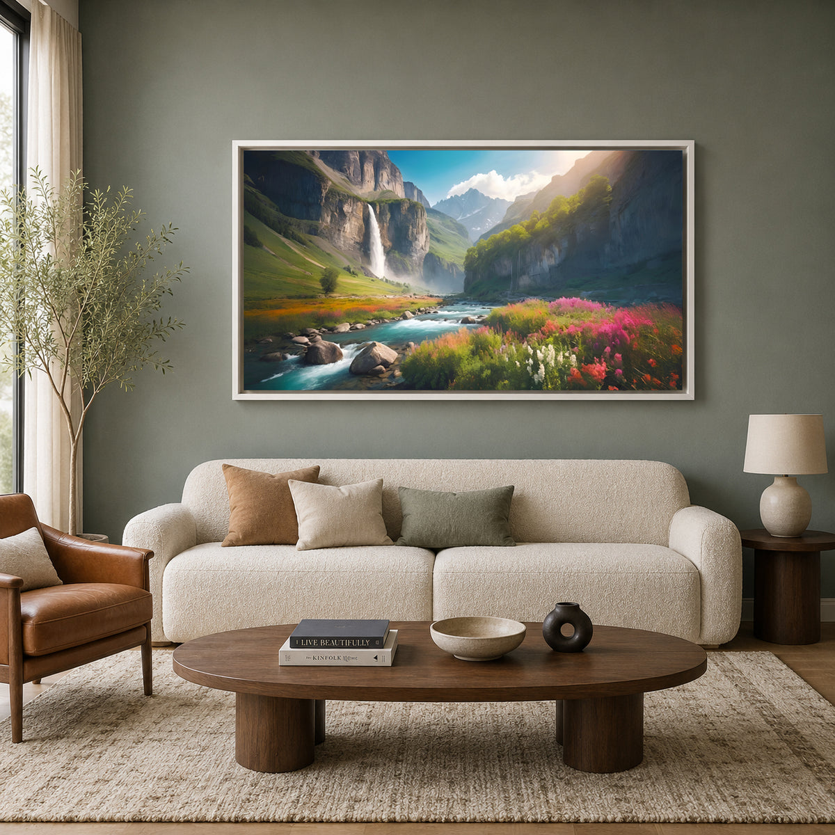 Mountain Waterfall Valley Canvas Wall Art Nature Landscape Decor