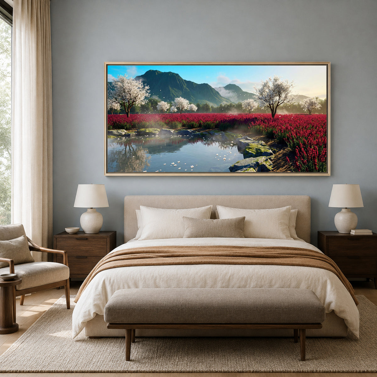 Mountain Blossom Lake Landscape Canvas Wall Art for Modern Interiors