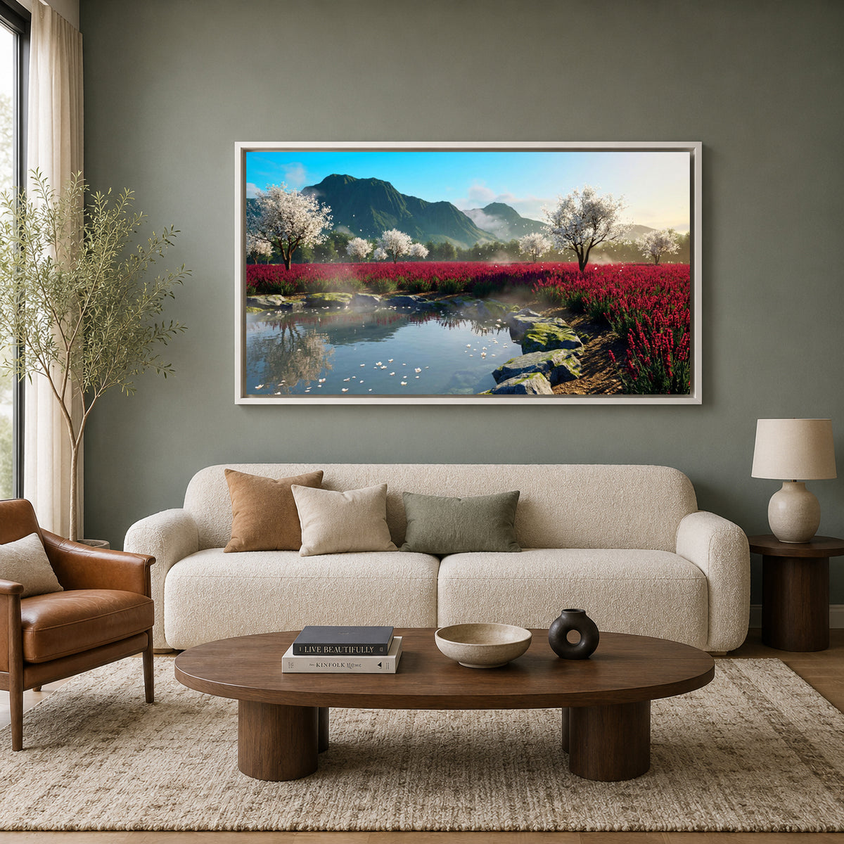 Mountain Blossom Lake Landscape Canvas Wall Art for Modern Interiors