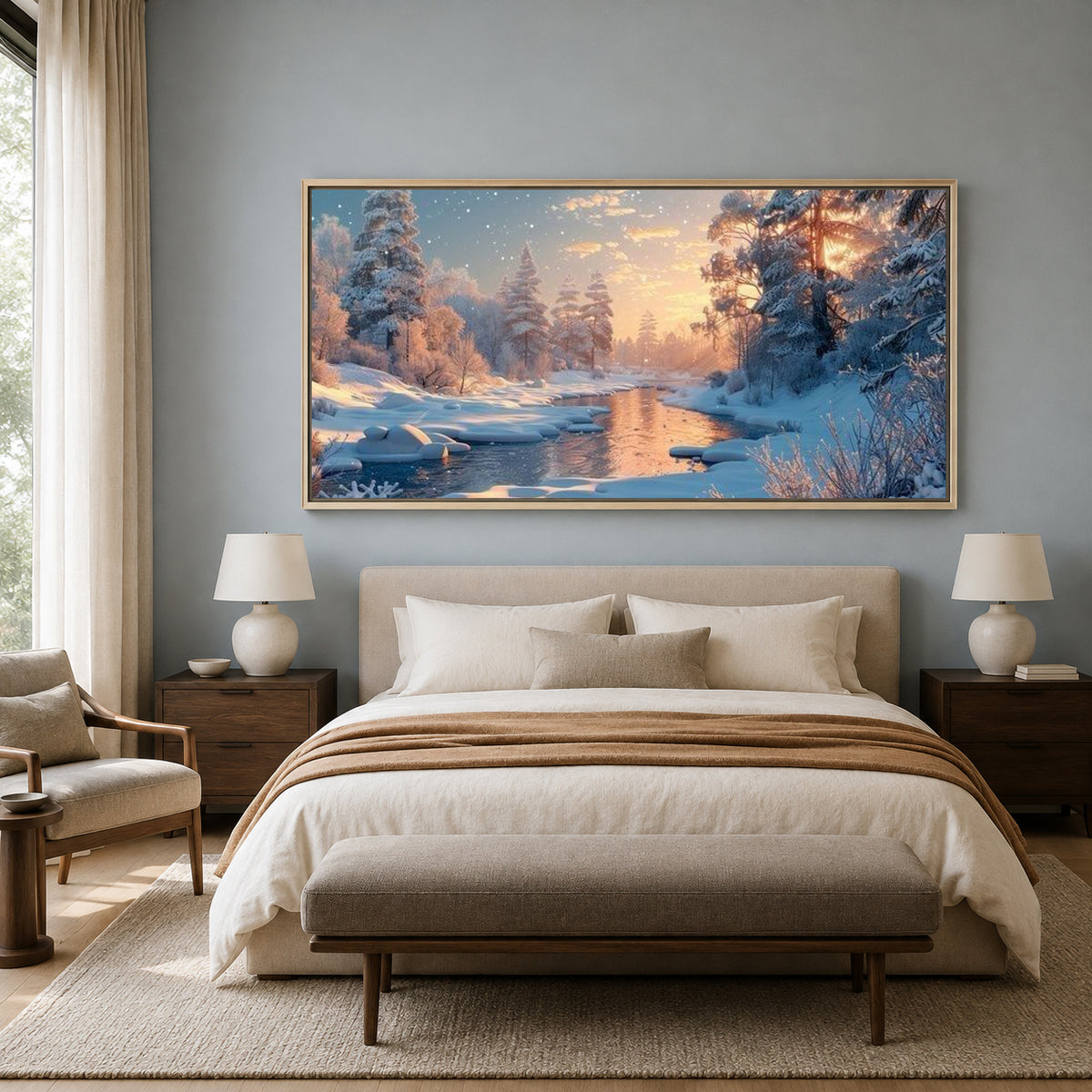 Winter Sunset River Landscape Canvas Wall Art for Elegant Interiors