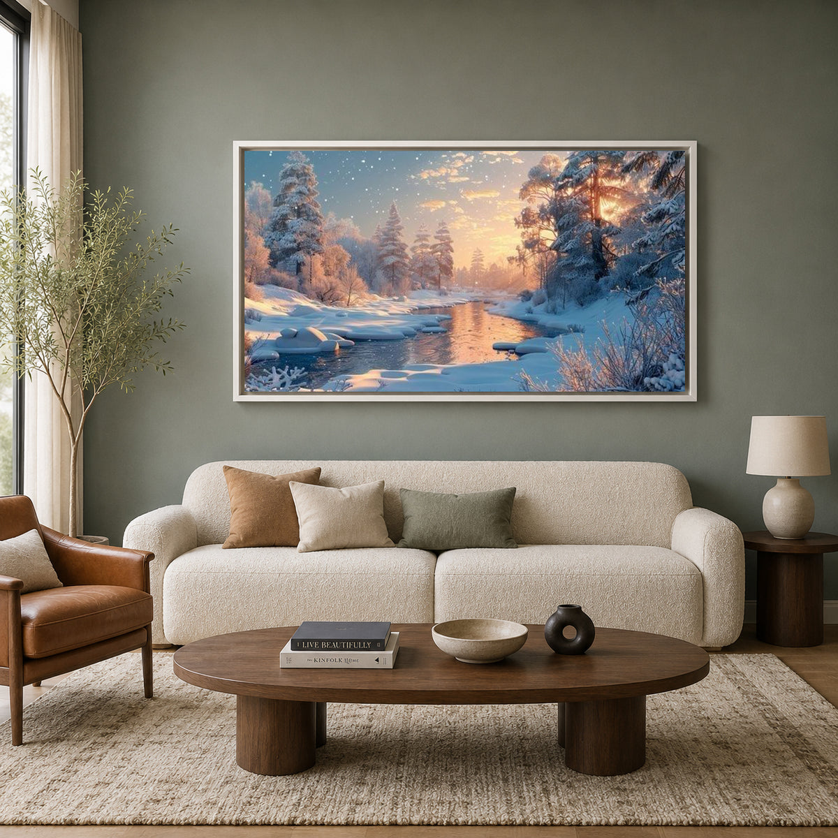 Winter Sunset River Landscape Canvas Wall Art for Elegant Interiors