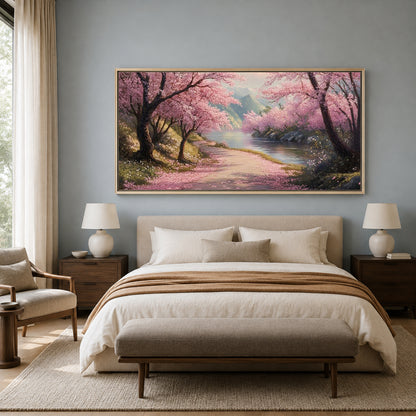 Cherry Blossom Riverside Landscape Canvas Wall Art for Home Décor