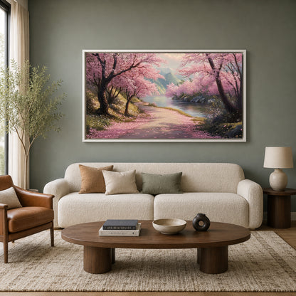 Cherry Blossom Riverside Landscape Canvas Wall Art for Home Décor
