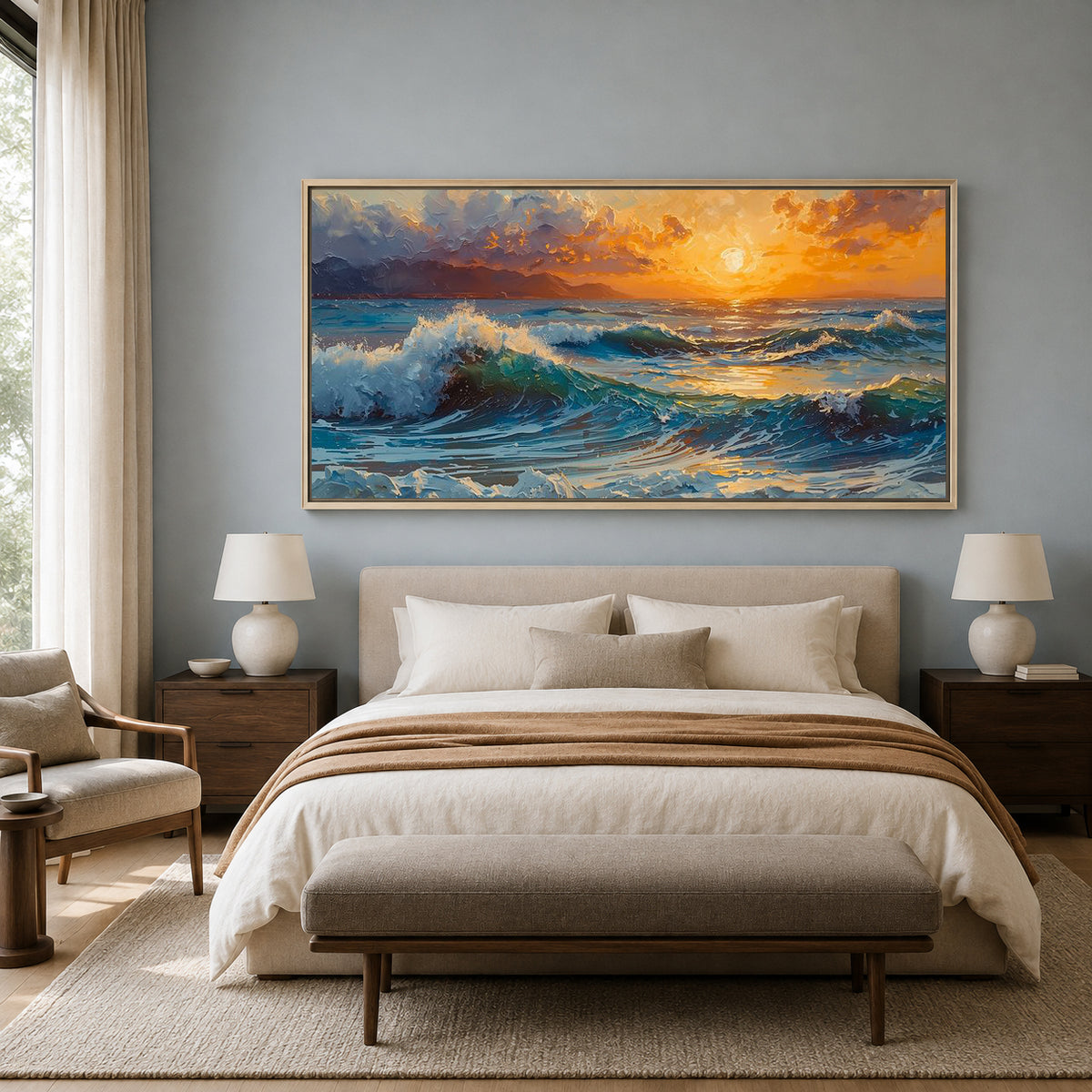 Ocean Sunset Waves Canvas Wall Art Coastal Seascape Landscape Decor