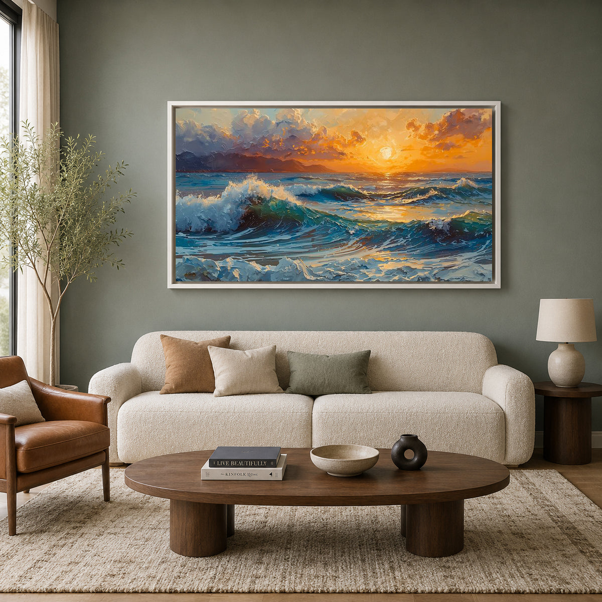 Ocean Sunset Waves Canvas Wall Art Coastal Seascape Landscape Decor