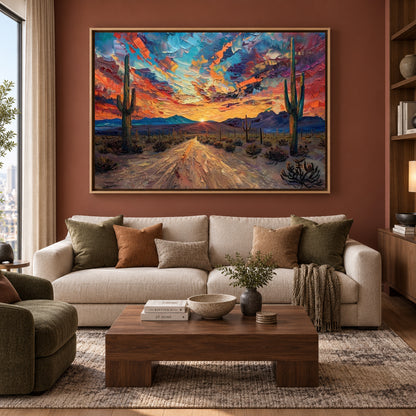 Colorful Desert Sunset Canvas Wall Art Abstract Cactus Landscape