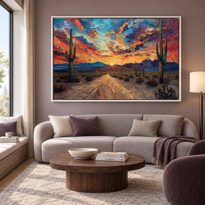 Colorful Desert Sunset Canvas Wall Art Abstract Cactus Landscape