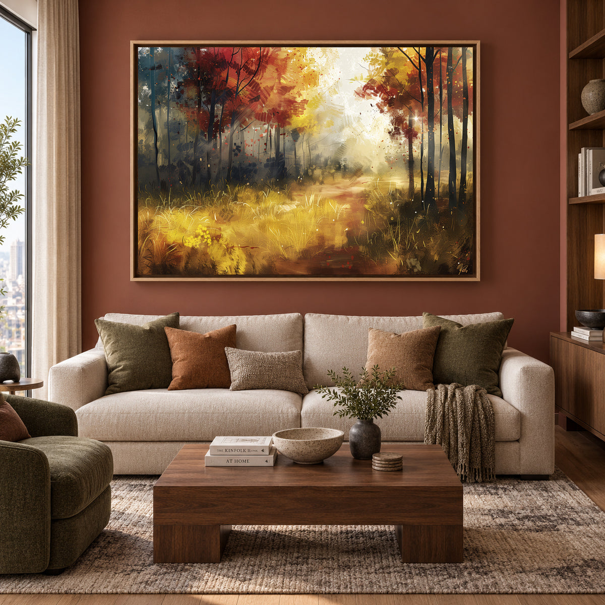 Autumn Forest Path Canvas Wall Art Warm Golden Woodland Painting