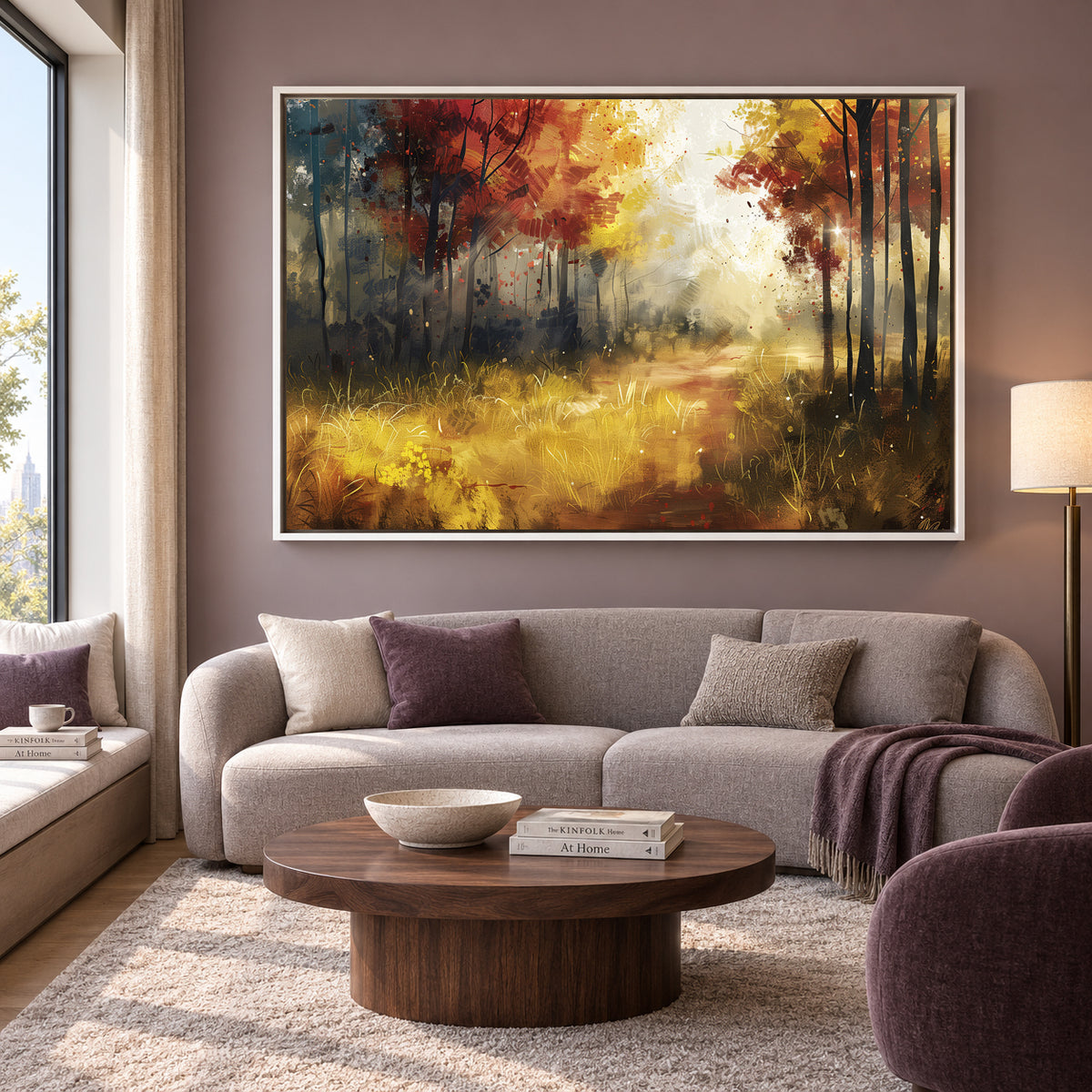 Autumn Forest Path Canvas Wall Art Warm Golden Woodland Painting
