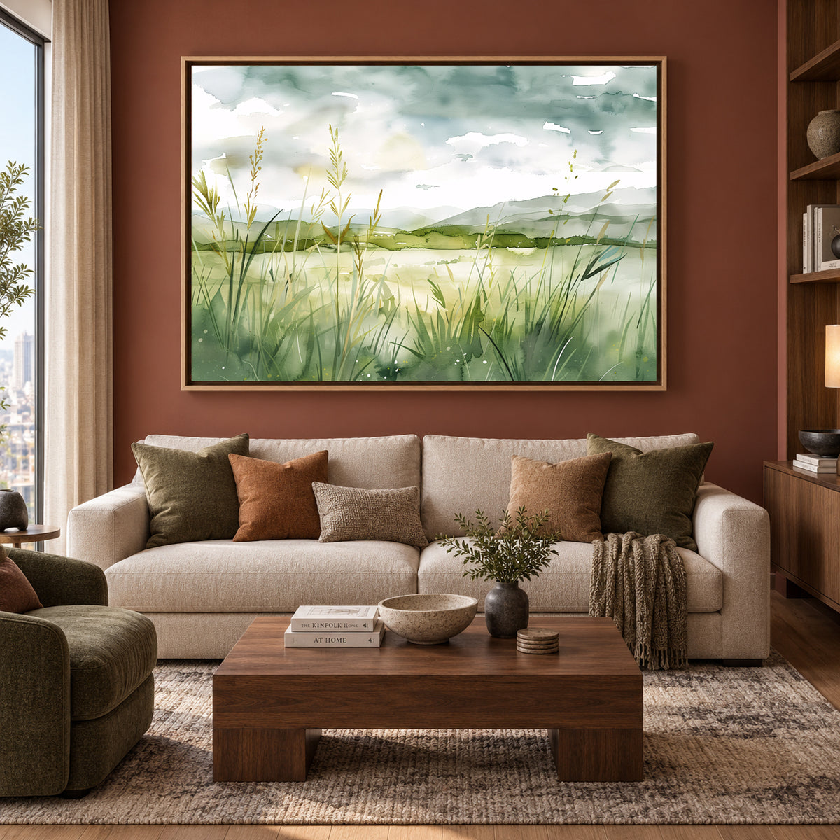 Watercolor Lakeside Meadow Canvas Wall Art Minimalist Nature Scene