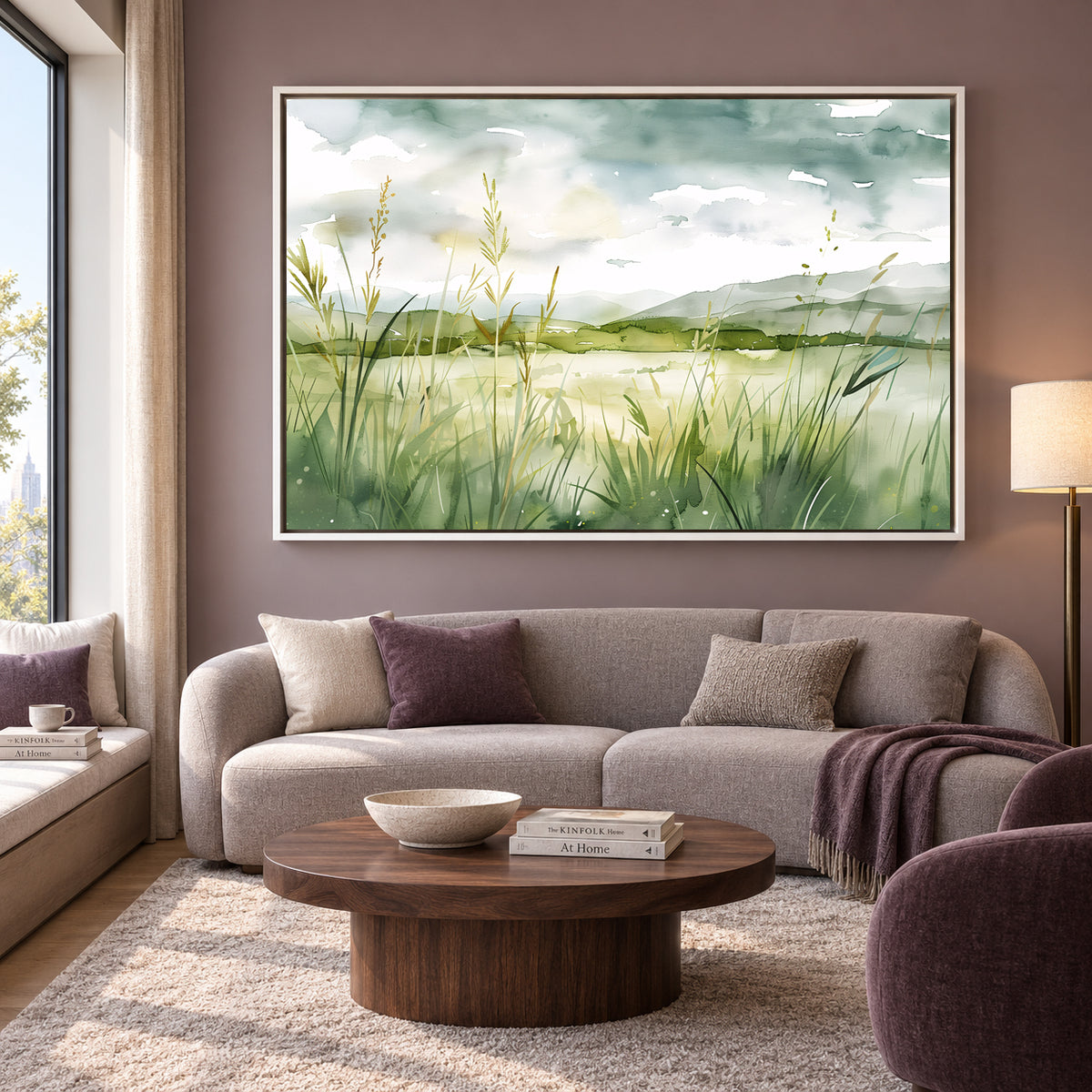 Watercolor Lakeside Meadow Canvas Wall Art Minimalist Nature Scene
