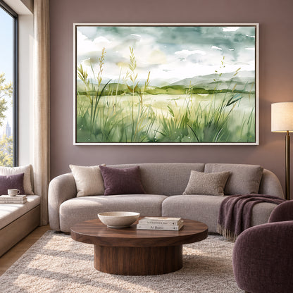 Watercolor Lakeside Meadow Canvas Wall Art Minimalist Nature Scene
