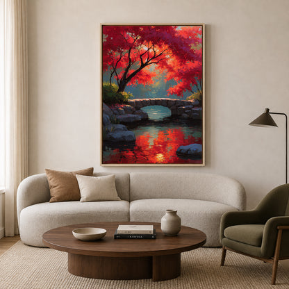 Red Autumn Tree Bridge Canvas Wall Art Vertical Nature Painting