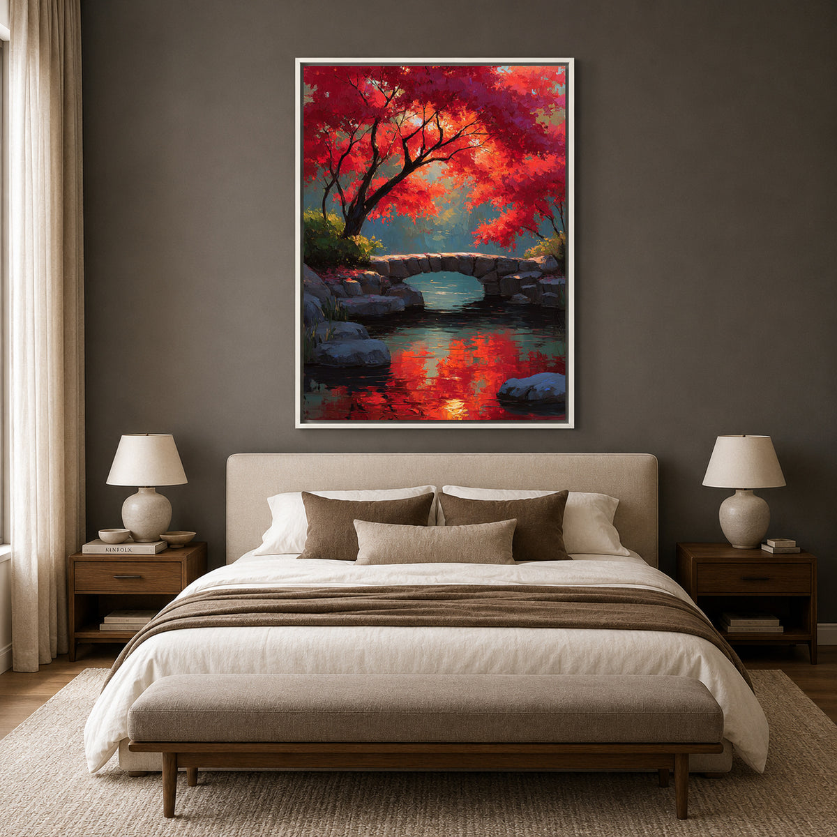 Red Autumn Tree Bridge Canvas Wall Art Vertical Nature Painting