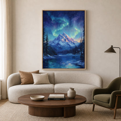 Aurora Mountain Lake Canvas Wall Art Northern Lights Painting