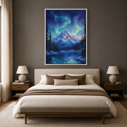 Aurora Mountain Lake Canvas Wall Art Northern Lights Painting