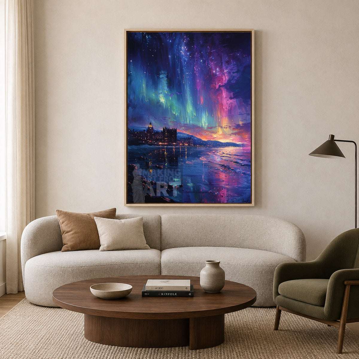 Aurora Night Sky Canvas Wall Art Vertical Coastal Landscape Art
