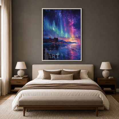 Aurora Night Sky Canvas Wall Art Vertical Coastal Landscape Art