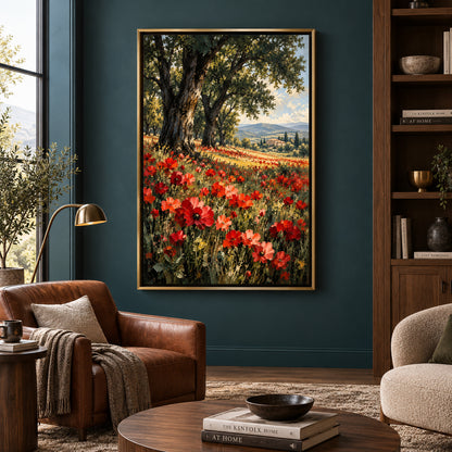 Tuscan Summer Poppy Fields Textured Landscape Canvas Art