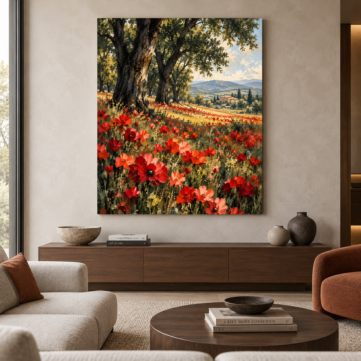 Tuscan Summer Poppy Fields Textured Landscape Canvas Art