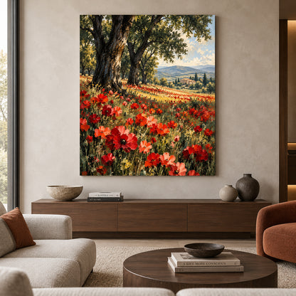 Tuscan Summer Poppy Fields Textured Landscape Canvas Art
