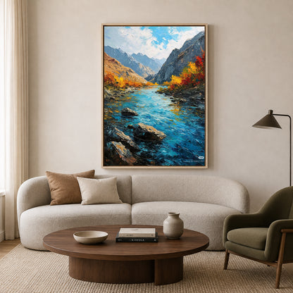 Autumn Mountain River Canvas Wall Art Vertical Landscape Painting