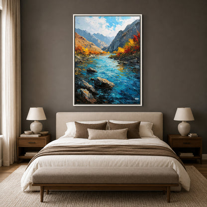 Autumn Mountain River Canvas Wall Art Vertical Landscape Painting