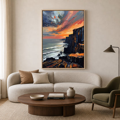 Coastal Cliff Sunset Canvas Wall Art Vertical Seascape Painting