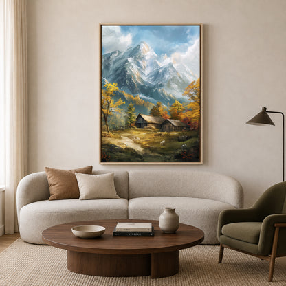 Mountain Cabin Landscape Canvas Wall Art Vertical Nature Painting