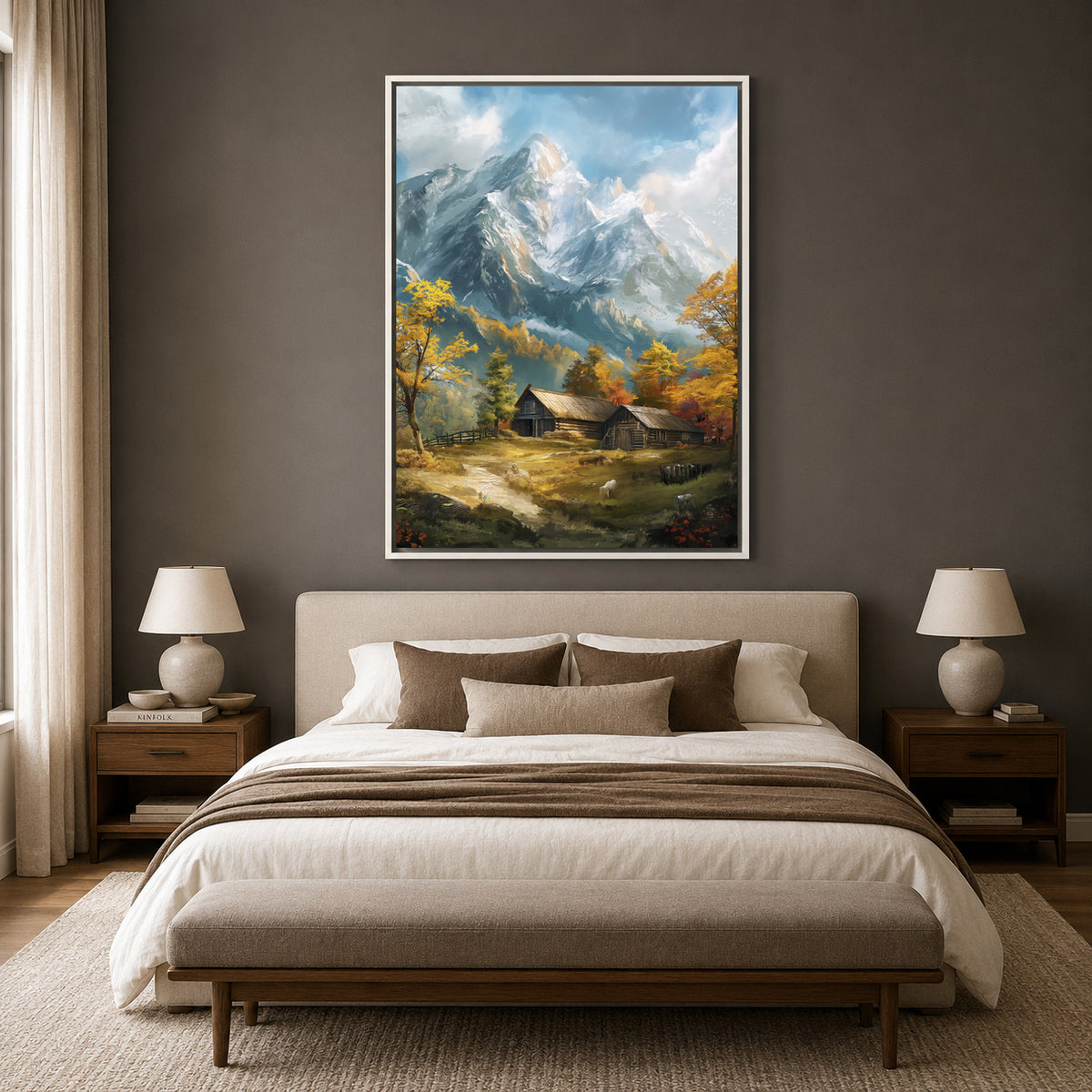 Mountain Cabin Landscape Canvas Wall Art Vertical Nature Painting
