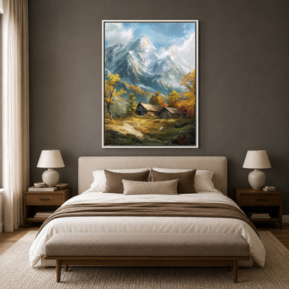 Mountain Cabin Landscape Canvas Wall Art Vertical Nature Painting