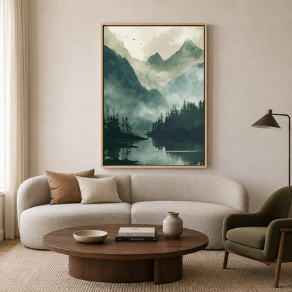 Misty Mountain Lake Canvas Wall Art Vertical Nature Landscape Print