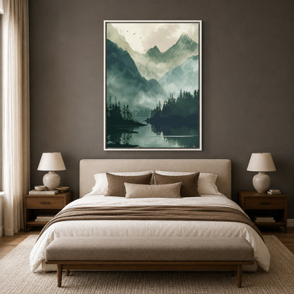 Misty Mountain Lake Canvas Wall Art Vertical Nature Landscape Print