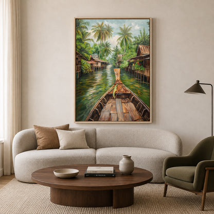 Tropical Canal Boat Canvas Wall Art Vertical Village Landscape Print