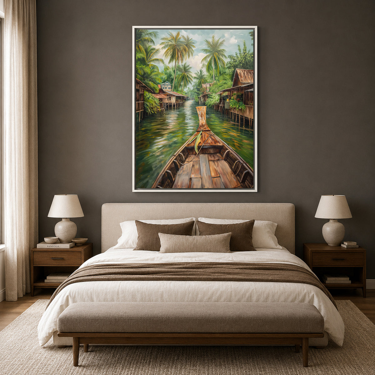Tropical Canal Boat Canvas Wall Art Vertical Village Landscape Print