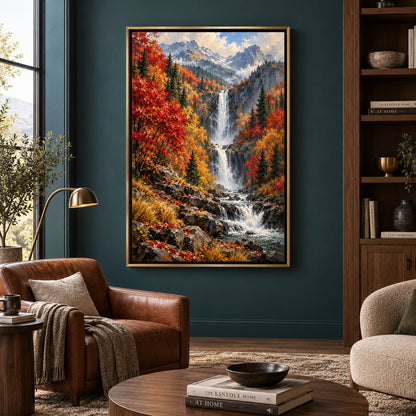 Autumn Majesty Mountain Waterfall Canvas Wall Art