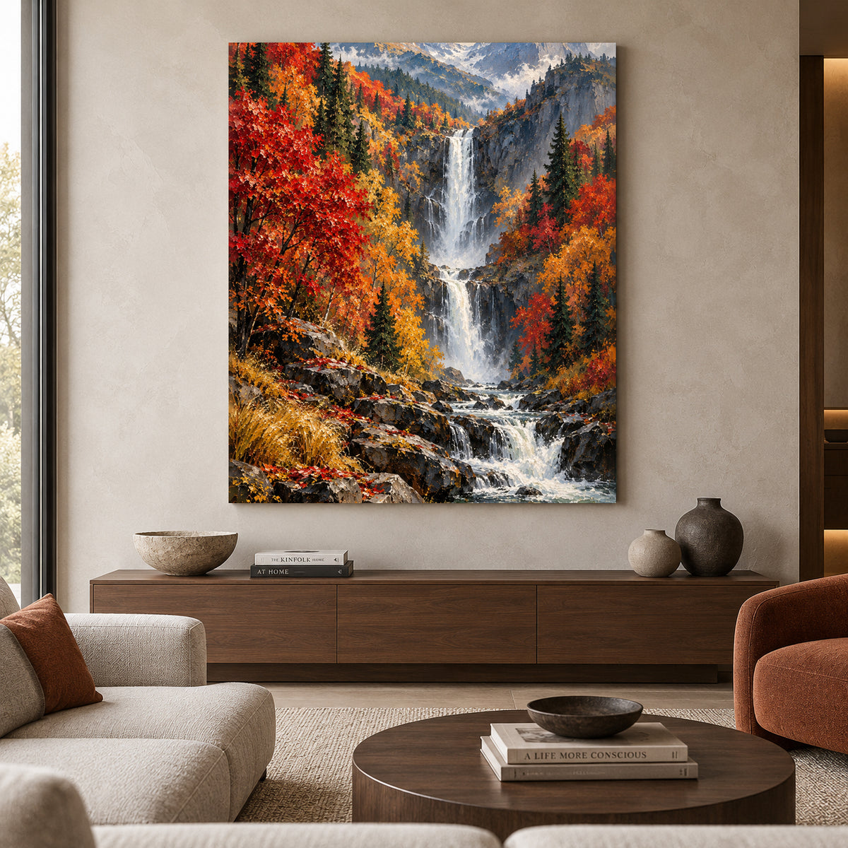 Autumn Majesty Mountain Waterfall Canvas Wall Art