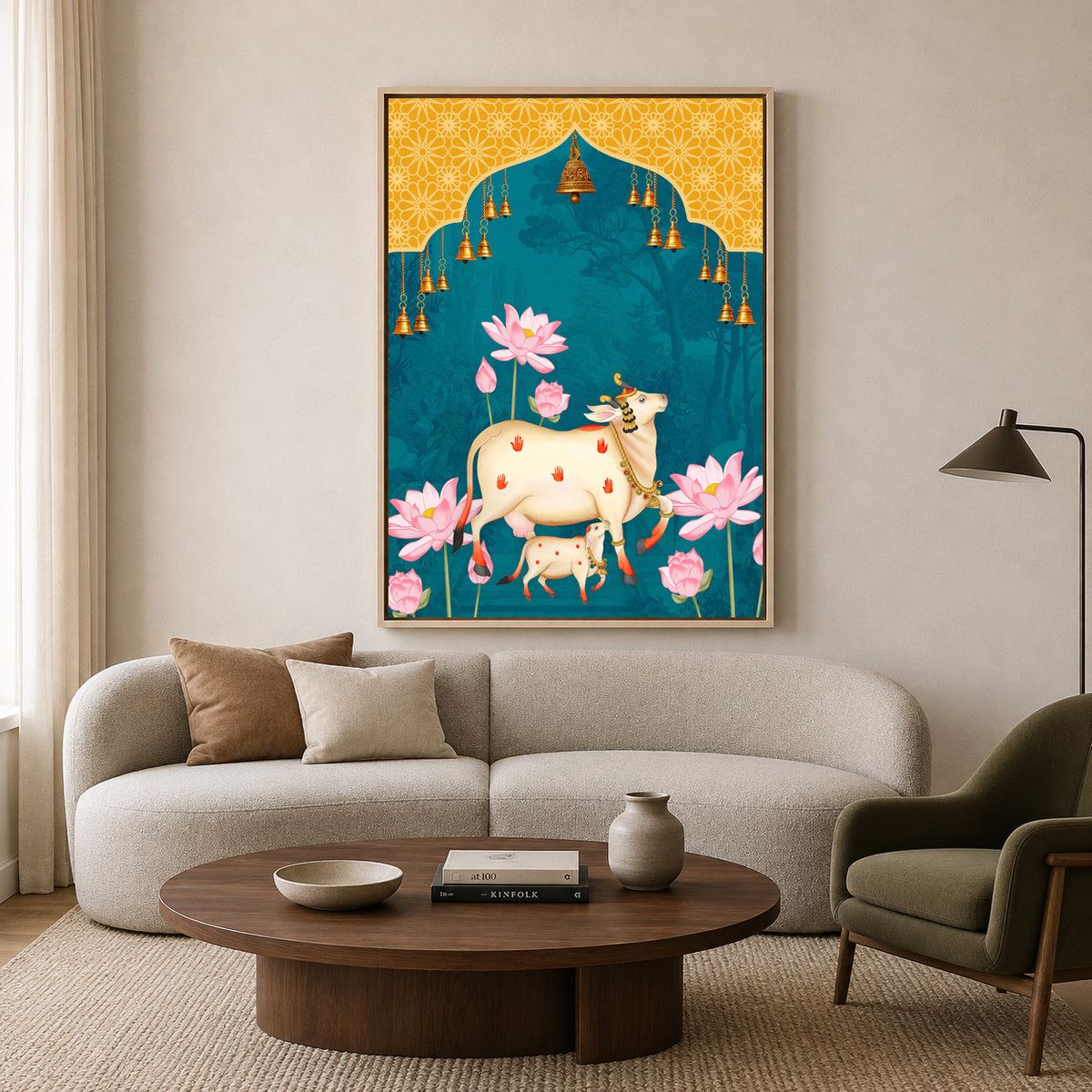 Pichwai Wall Art Painting – Sacred Cow & Lotus Temple Bells Canvas Wall Art