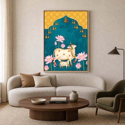 Pichwai Wall Art Painting – Sacred Cow & Lotus Temple Bells Canvas Wall Art