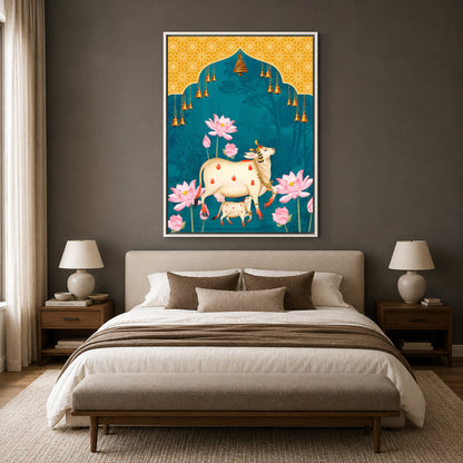 Pichwai Wall Art Painting – Sacred Cow & Lotus Temple Bells Canvas Wall Art