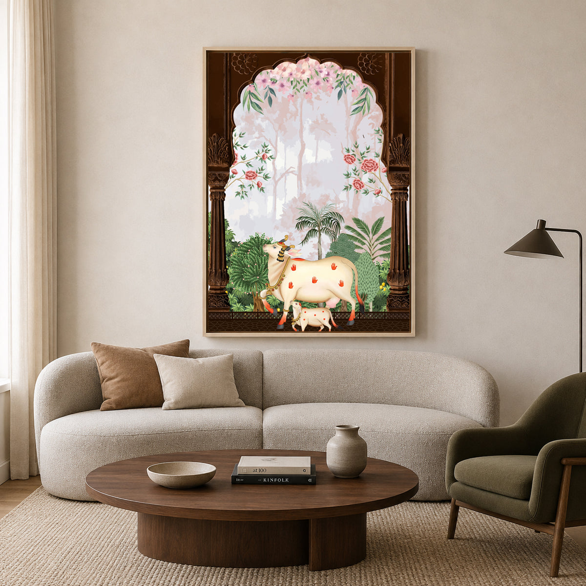 Pichwai Wall Art Painting – Sacred Cow Floral Arch Heritage Canvas Wall Art