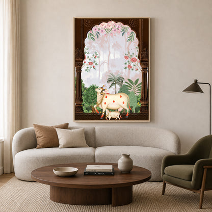 Pichwai Wall Art Painting – Sacred Cow Floral Arch Heritage Canvas Wall Art