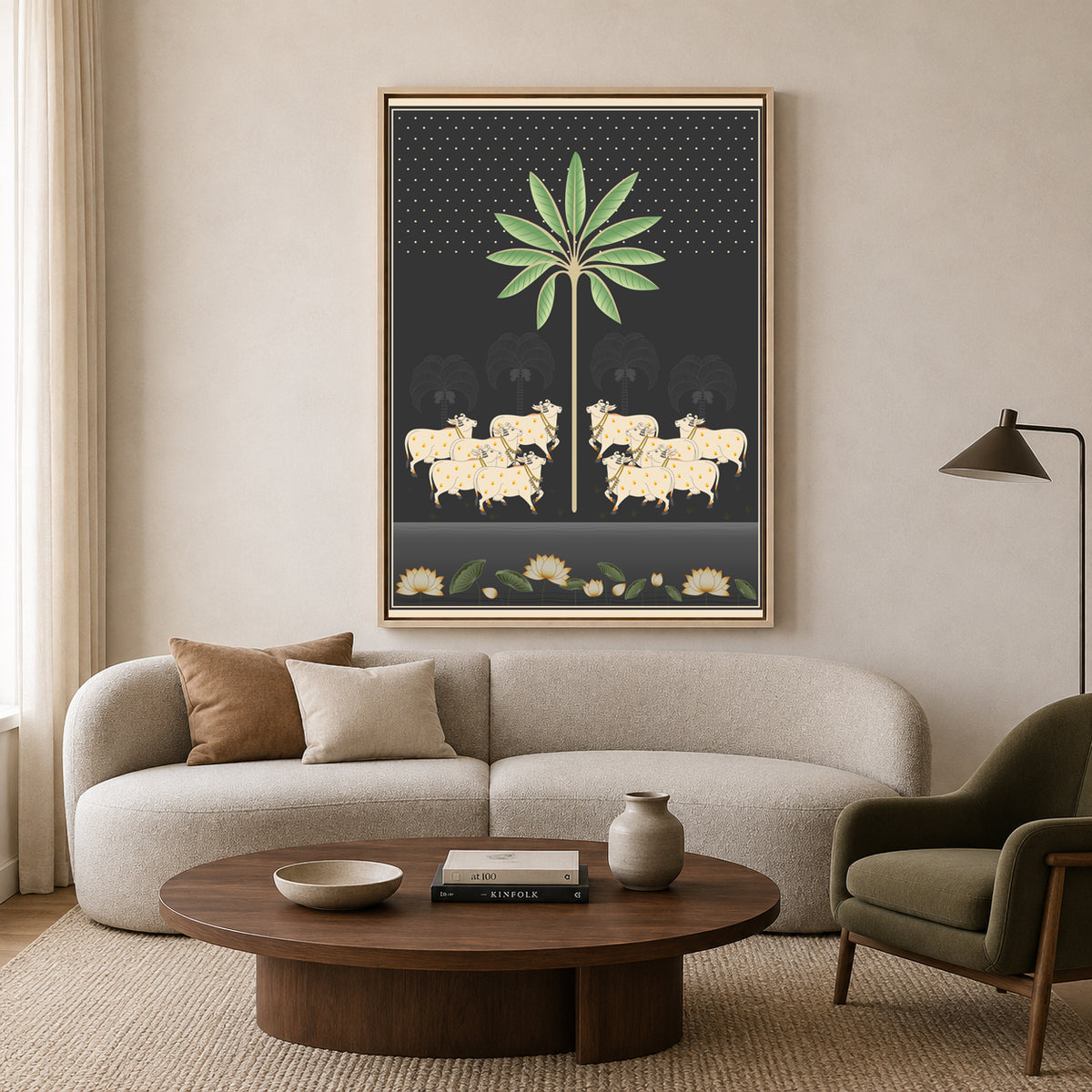 Pichwai Wall Art Painting – Sacred Cow Moonlight Tropical Canvas Wall Art
