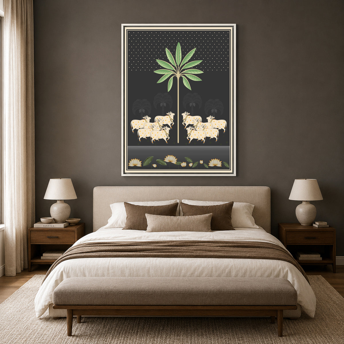 Pichwai Wall Art Painting – Sacred Cow Moonlight Tropical Canvas Wall Art