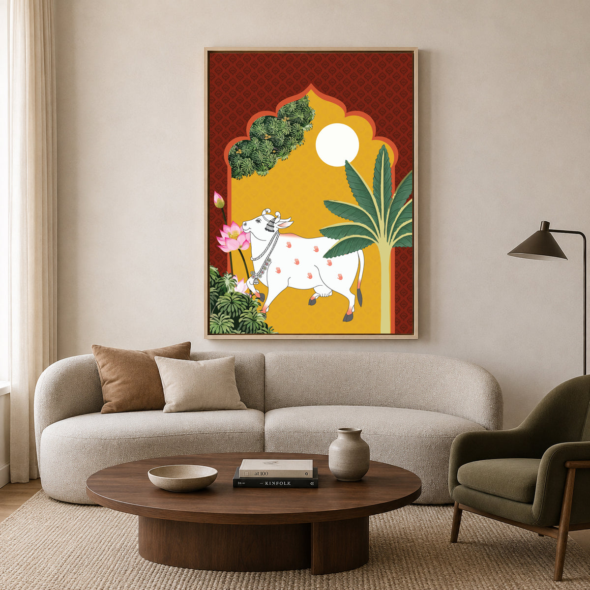 Pichwai Wall Art Painting – Sacred Cow Moonlight Tropical Heritage Canvas Wall Art