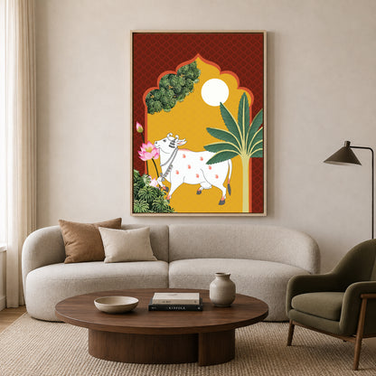 Pichwai Wall Art Painting – Sacred Cow Moonlight Tropical Heritage Canvas Wall Art