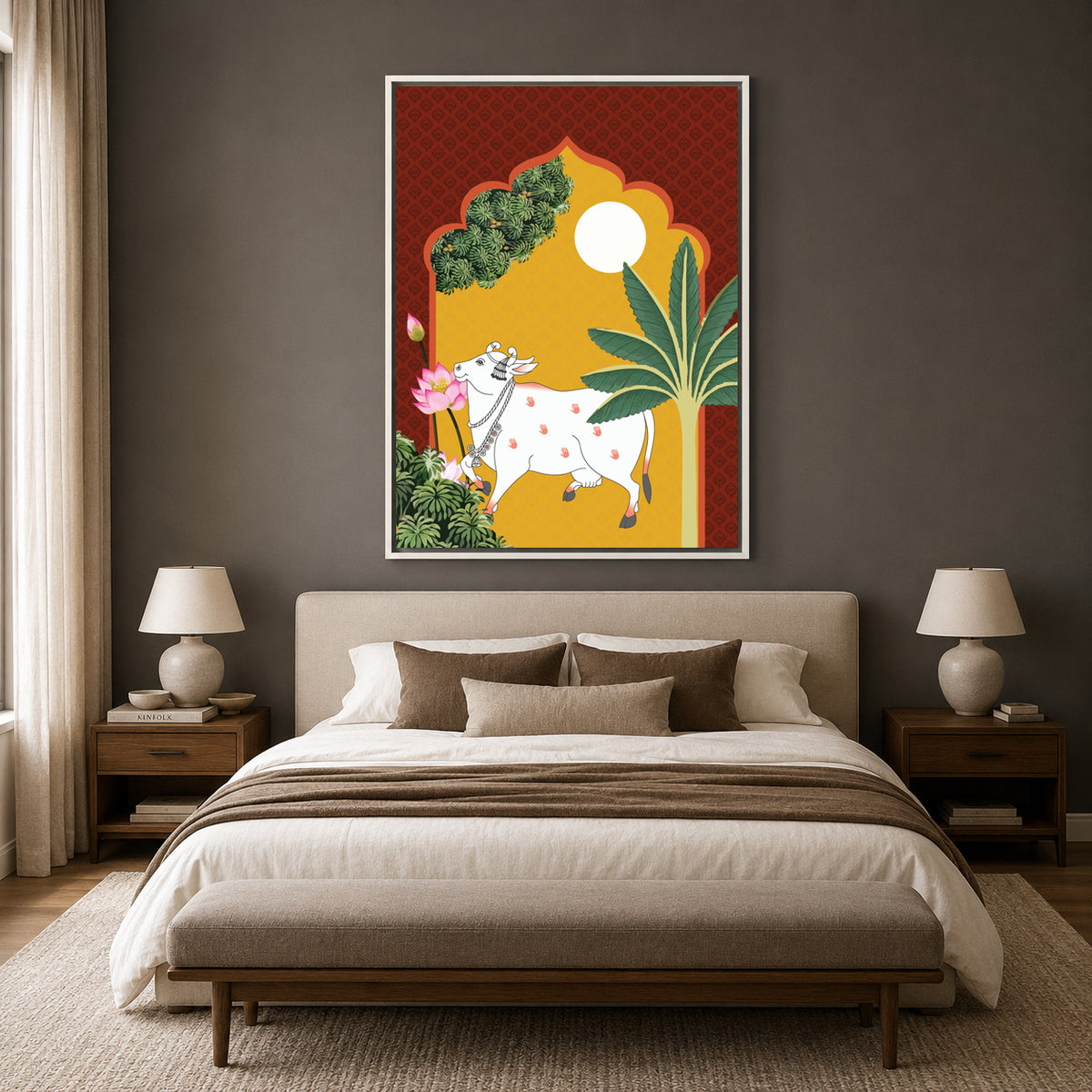 Pichwai Wall Art Painting – Sacred Cow Moonlight Tropical Heritage Canvas Wall Art